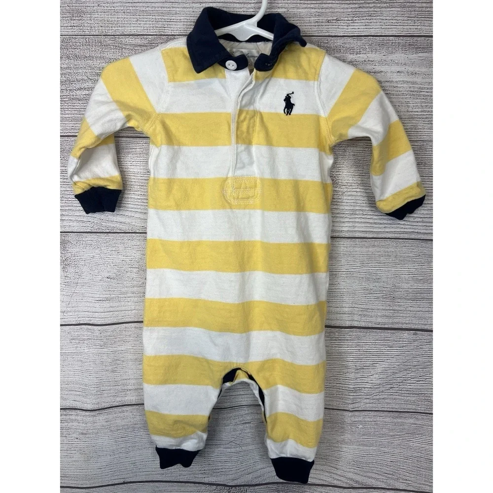 Ralph Lauren 2 Rompers Lot Yellow White Collared And Orange and Navy Long Sleeve